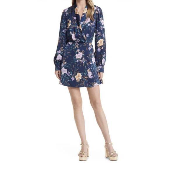 NWT Lost + Wander Eva Floral Long Sleeve Faux Wrap Mini Dress Blue Sz M - Picture 2 of 4